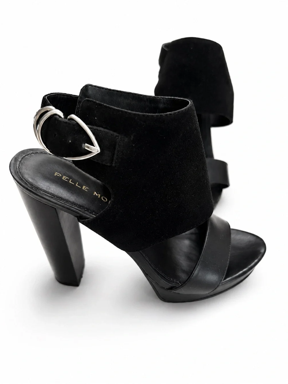 Pelle Moda 6.5 Black High Heel Open-Toe Sandals Women's Elegant Ankle Cuff Block